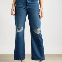 FREAKINS Women Wide Leg High-Rise Mildly Distressed Cotton Jeans-picture-1