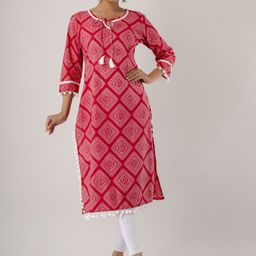 SHOOLIN Geometric Printed Tie-Up Neck Thread Work Cotton Straight Kurta-image-23