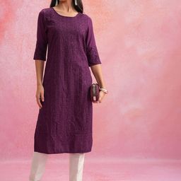 Vishudh Purple Geometric Embroidered Round Neck Sequinned Straight Kurta-picture-42