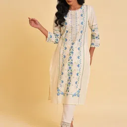 W White Floral Embroidered Pure Cotton Kurta-image-50