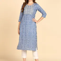 Maaesa Bandhani Printed Yoke Design Mirror Work Cotton Straight Kurta-33