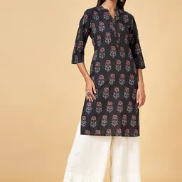 RANGMANCH BY PANTALOONS Floral Printed Mandarin Collar Cotton Straight Kurta-image-86