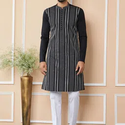 See Designs Striped Mandarin Collar Thread Work Pure Cotton Straight Kurta-picture-18