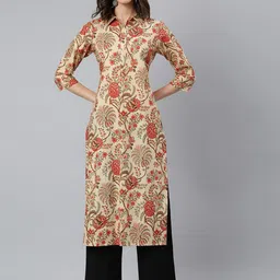 Idalia Women Beige Floral Printed Cotton Kurta-image-6