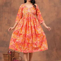 KPF Floral Printed V-Neck Cotton A-Line Kurta-image-10