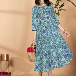 All About You Floral Printed Round Neck Pure Cotton Midi A-line Kurta-image-78