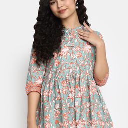V-Mart Floral Printed Mandarin Collar Pure Cotton A-Line Kurti-picture-2