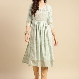 Rangita Geometric Printed Thread Work A-Line Kurta-11