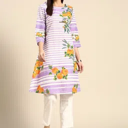 Anouk Women White & Lavender Pure Cotton Floral Printed Kurta-picture-12