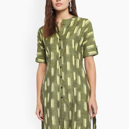 Vastraa Fusion Women Olive Green & Beige Printed Cotton Straight  Kurta-picture-18