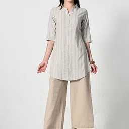 AMBI Striped Shirt Collar A-Line Kurta-image-52