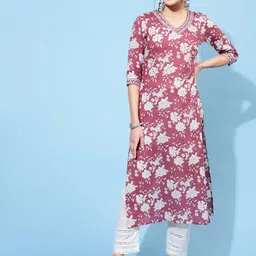 GULMOHAR JAIPUR Floral Printed V-Neck Thread Work Straight Kurta-picture-31