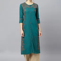 FASHION DEPTH Women Sea Green Floral Embroidered Straight Kurta-picture-28