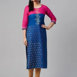 Akshatani Women Blue & Pink Ethnic Motif Hand Block Print Straight Kurta-image-43