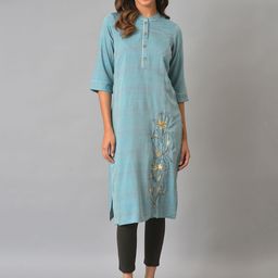 AURELIA Women Blue & Yellow Floral Embroidered Kurta-picture-21