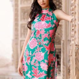 Salvia Sky Halter Neck Sleeveless Floral Printed Kurta-image-93