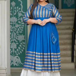 YASH GALLERY Plus Size Striped V-Neck Angrakha Anarkali Kurta-3
