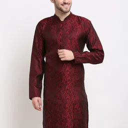 Jompers Men Maroon & Black Ethnic Motifs Jacquard Kurta-image-52