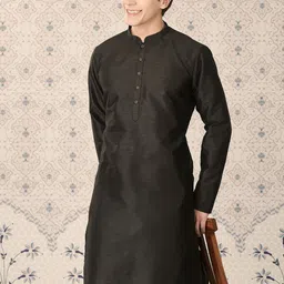 Ode by House of Pataudi Black Mandarin Collar Straight Jacquard Kurta-picture-41