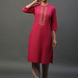 AURELIA Floral Yoke Design Thread Work Detailed Pure Cotton Straight Kurta-image-68