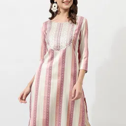 KALINI Peach Coloured & white Striped Woven Design Sequinned Kurta-picture-37