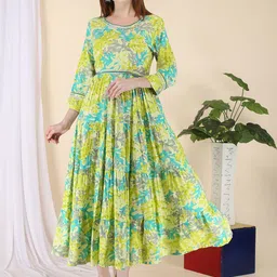 KALINI Women Lime Green Floral Printed Floral Anarkali Kurta-56
