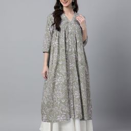Janasya Floral Printed Pure Cotton V-Neck Anarkali Kurta-image-9