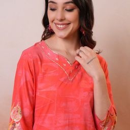 Vishudh Red Floral Printed Notch Neck Sequined A-Line Kurta-56