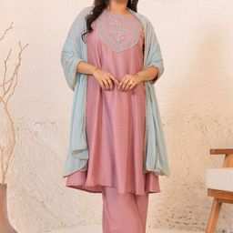 Janasya Plus Size Floral Yoke Design Embroidered Kurta With Palazzos & Dupatta-18