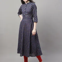 Anouk Navy Blue Ethnic Motifs Printed Mandarin Collar Anarkali Pure Cotton Kurta-picture-25