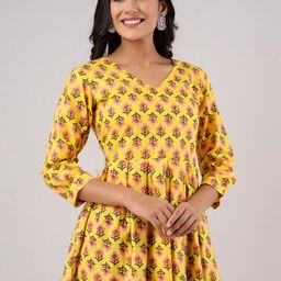 FERANOID Floral Printed V-Neck Pure Cotton Pleated Kurti-image-85