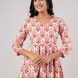 FERANOID Floral Printed V-Neck Pure Cotton Pleated Kurti-image-86