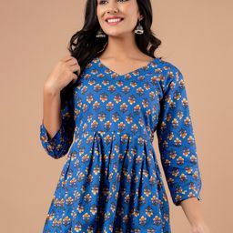 FERANOID Floral Printed V-Neck Pure Cotton Pleated Kurti-image-18