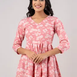 FERANOID Floral Printed V-Neck Pure Cotton Pleated Kurti-picture-24