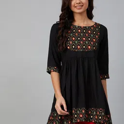 Women Black & Golden Yoke Design A-Line Kurti-picture-13