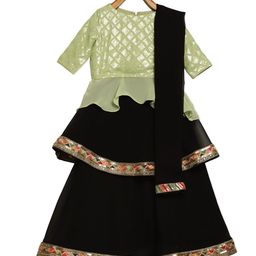 Ethnovog Girls Green  Black Embellished Made to Measure Lehenga  Blouse With Dupatta-10