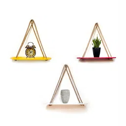 VAH Kya Bat Hai !! Yellow & Red 3 Pieces Wooded Floating Wall Shelves With Rope-picture-40