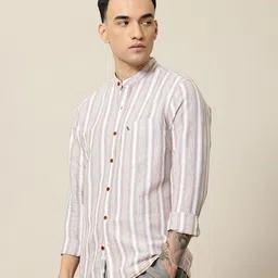 Mr Bowerbird Men Premium Tailored Fit Mandarin Collar Linen Cotton Striped Casual Shirt-image-95