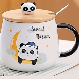 BonZeaL White & Beige Printed Ceramic Glossy Mug With Lid And Spoon 430 ml-24