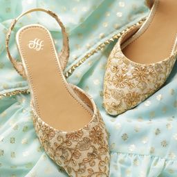 House of Pataudi Women Beige & Gold-Toned Embroidered Mules-picture-47