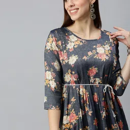 SHOWOFF Women Blue Floral Printed Three-Quarter Sleeves Round Neck A-line Kurta-image-50