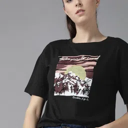 The Roadster Lifestyle Co Women Black Pure Cotton Printed Round Neck Pure Cotton T-shirt-image-81