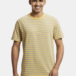 Jockey Men Mustard Yellow & Grey Melange Striped Modern Fit Round Neck Sports T-shirt-image-61