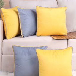 STITCHNEST 5 Pcs Grey & Yellow Velvet Square Cushion Covers-image-50