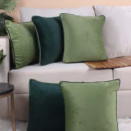 STITCHNEST 5 Pcs Green & Olive Green Velvet Square Cushion Covers-14