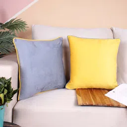 STITCHNEST 2 Pcs Yellow & Grey Velvet Square Cushion Covers-16