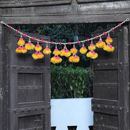 Kaameri Bazaar Yellow & Pink Beads Pom Pom Marigold Artificial Flowers-4