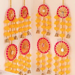 BS AMOR Set Of 3 Yellow & Pink Artificial Flowers Hanging Latkan With Bells-16