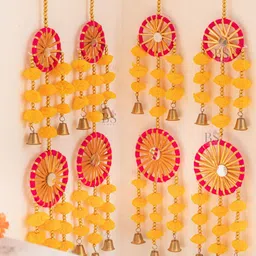 BS AMOR Yellow and Pink Set Of 6 Artificial Flowers Hanging Latkan With Bells image 2