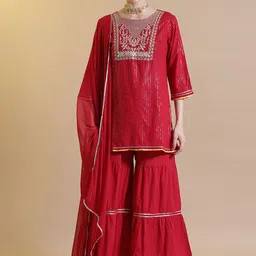 STYLEBAAZI Ethnic Motifs Yoke Design Pure Cotton Kurta With Sharara And Dupatta-picture-22